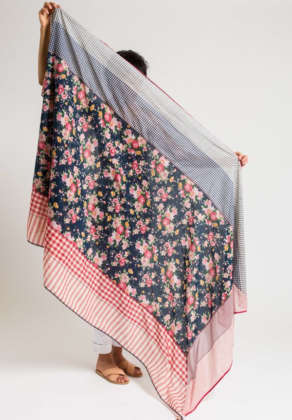 Péro Large Cotton/Silk Floral Rumal Scarf in Navy/Red