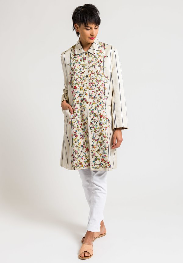 Péro Reversible Striped Coat with Intricate Floral Embroidery