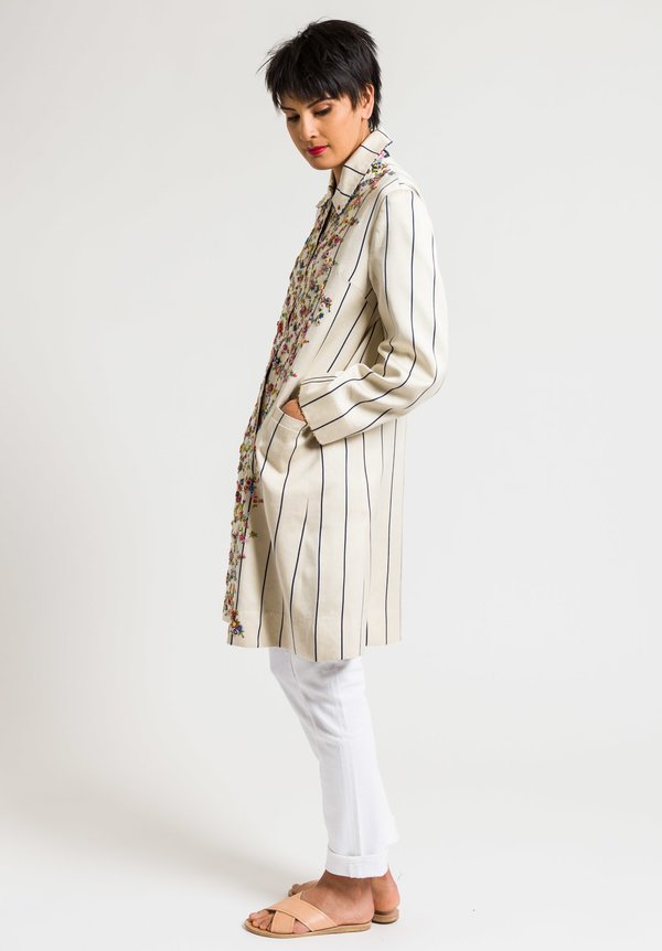Péro White & Blue Striped Coat with Floral Embroidery