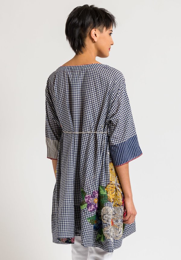 Péro Cotton Embroidered Gingham Tunic in Blue