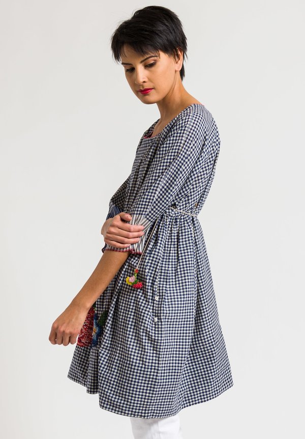 Péro Cotton Embroidered Gingham Tunic in Blue
