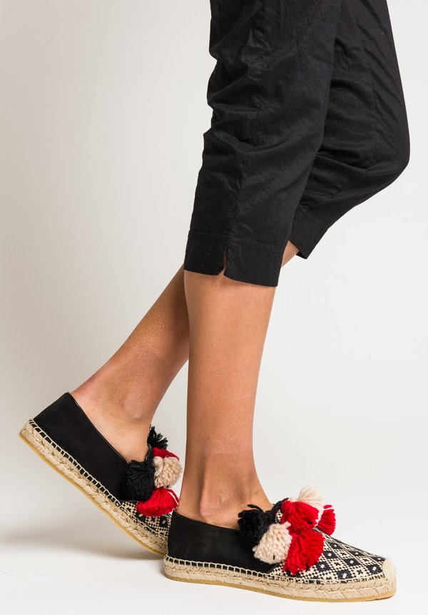 	Etro Suede & Straw Espadrilles with Pompoms in Black/White