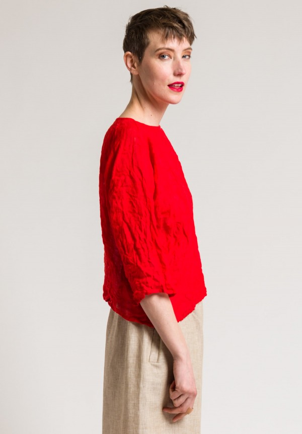 Daniela Gregis Washed Linen Round Neck Top in Red