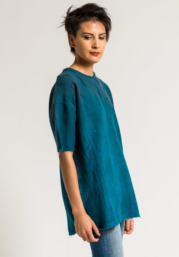 Avant Toi Linen/Cotton Distressed Top in Turquoise