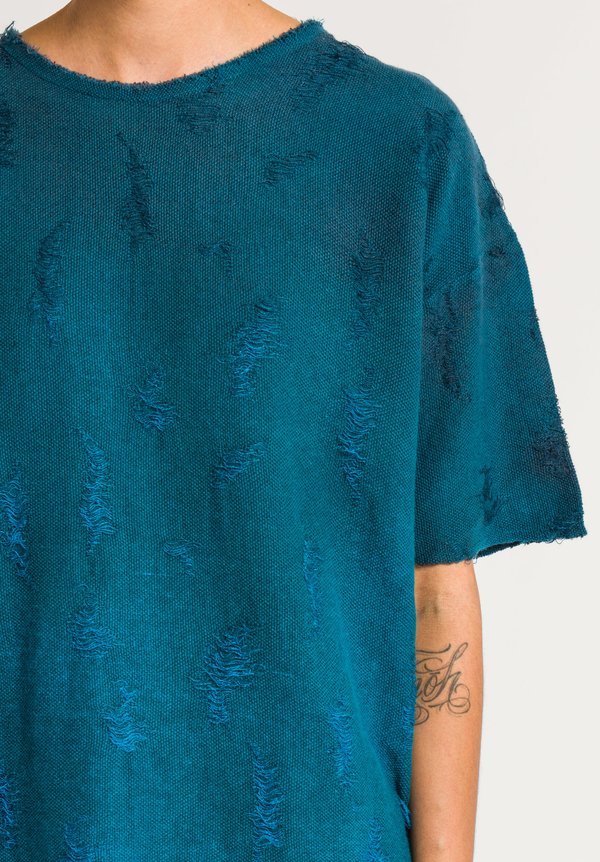 Avant Toi Linen/Cotton Distressed Top in Turquoise