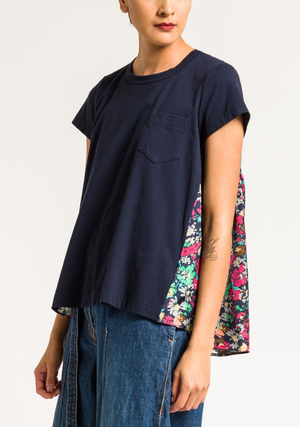 Sacai Floral Gathered Back T-Shirt in Navy