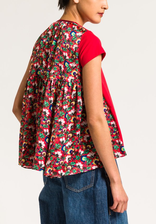 Sacai Floral Gathered Back T-Shirt in Red