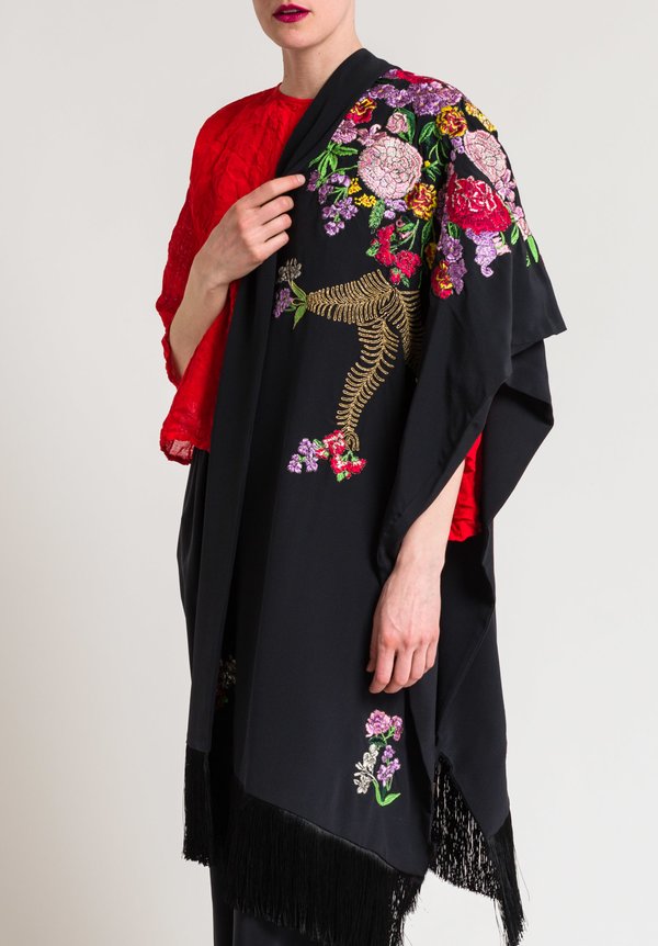 Etro Silk Embroidered Flower Fringe Shawl in Black | Santa Fe Dry Goods