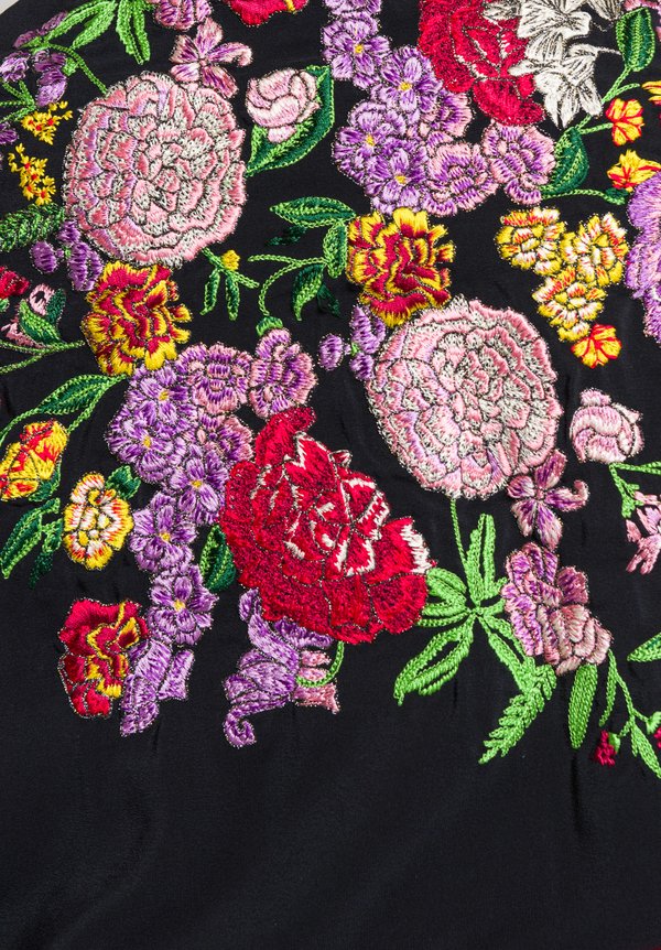Etro Silk Embroidered Flower Fringe Shawl in Black