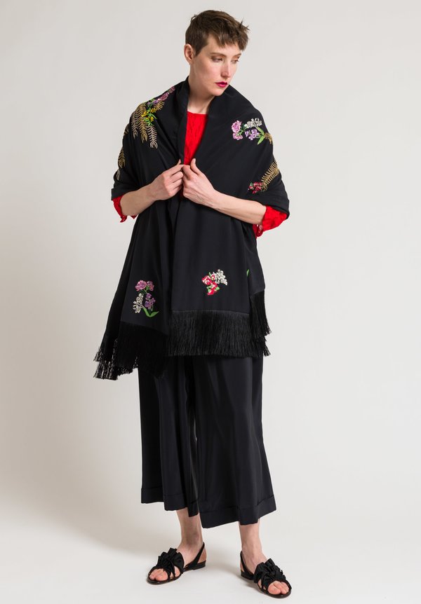 Etro Silk Embroidered Flower Fringe Shawl in Black