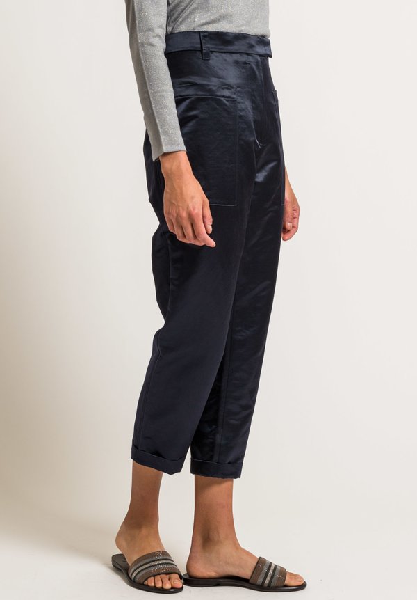 Brunello Cucinelli Cropped Satin Pants in Navy