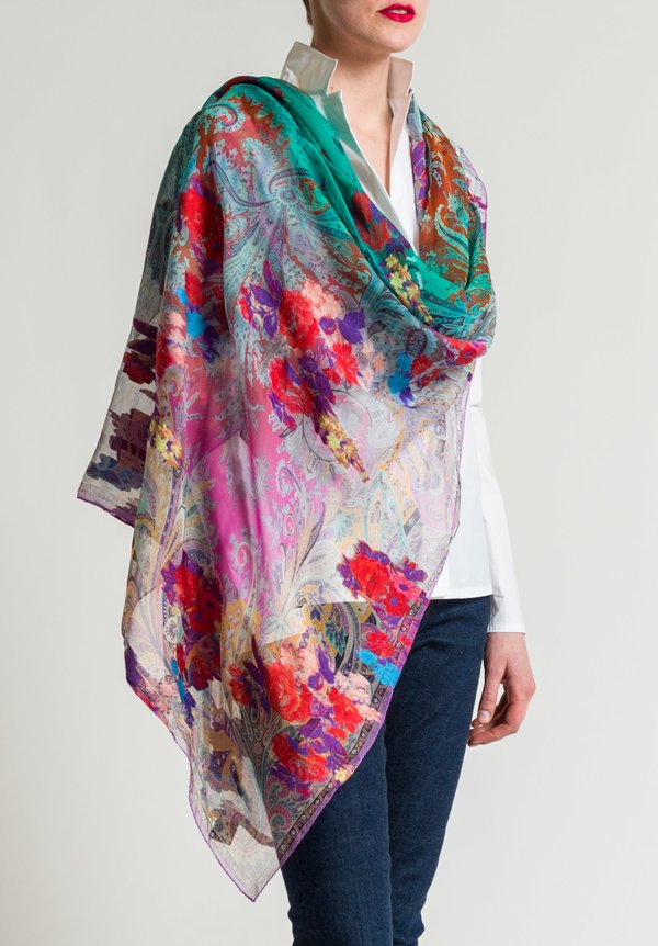 Etro Floral & Paisley Scarf in Teal/Pink