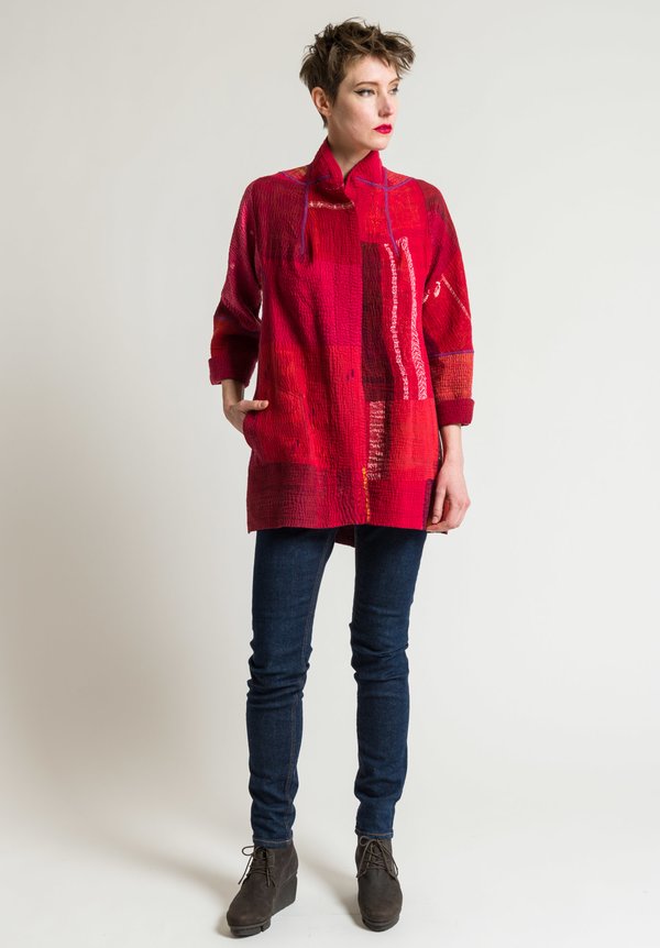 Mieko Mintz 4-Layer SW Patch Long Flare Jacket in Red/Maroon