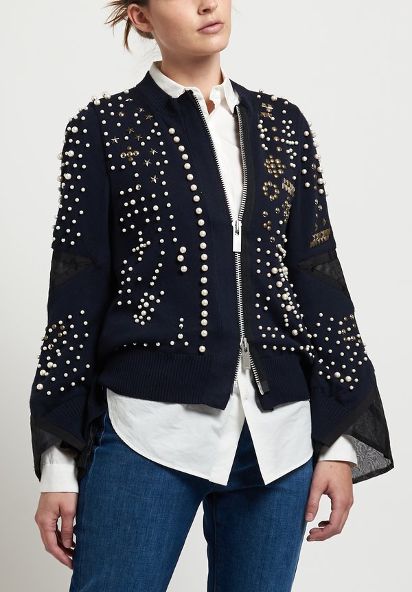 Sacai Pearl & Stud Embellished Jacket in Navy	