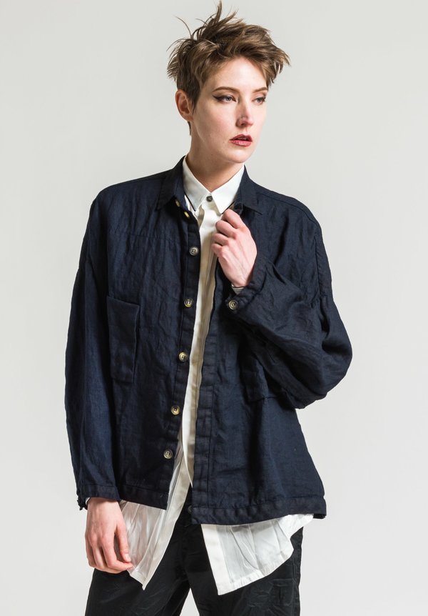 Umit Unal Linen Shirt Jacket in Navy