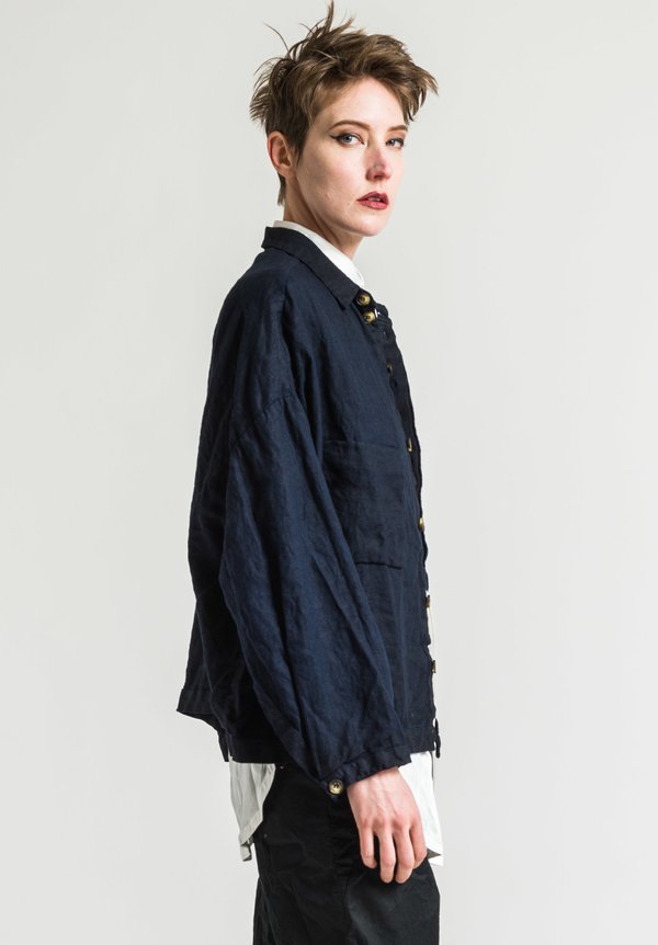 Umit Unal Linen Shirt Jacket in Navy