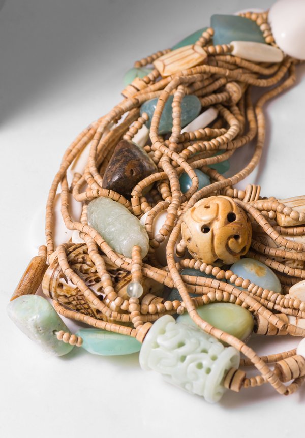 Monies UNIQUE Aquamarine, Jade Chrysoprase, Bone Coco Shell Necklace