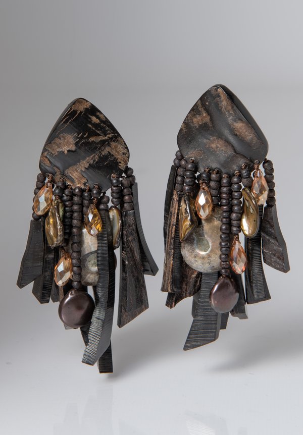 Monies UNIQUE Ammonite, Pearl, Horn, Ebony, and Crystal Clip On Earrings	
