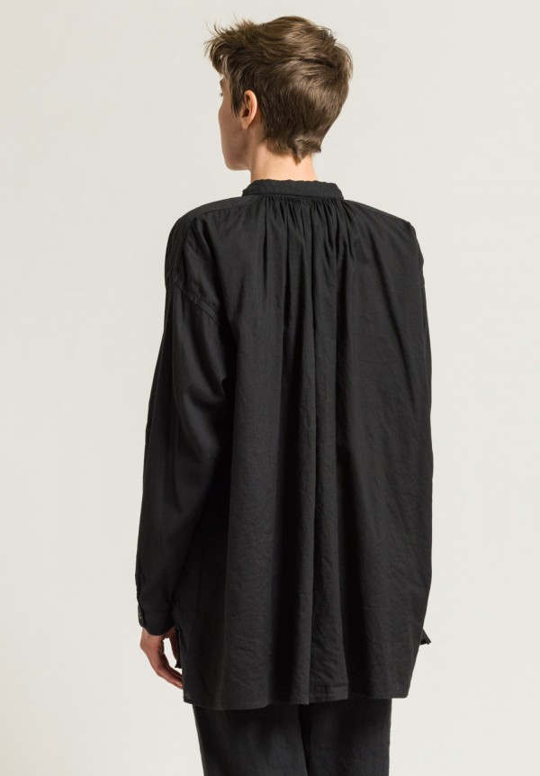 Kaval Gathered Button-Down Shirt in Black