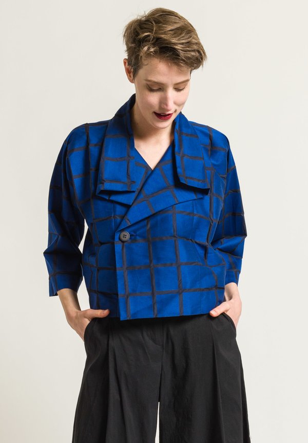 Issey Miyake Grid Shawl Collar Jacket in Blue