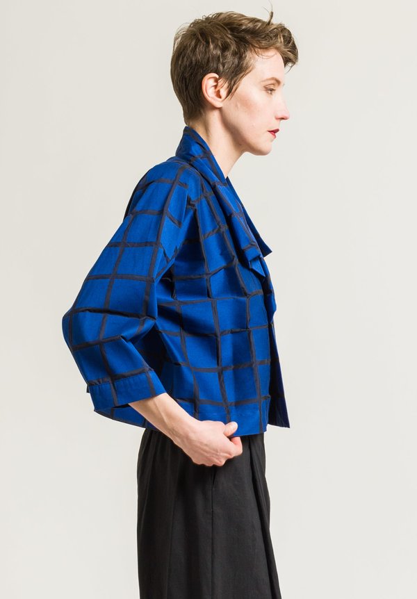 Issey Miyake Grid Shawl Collar Jacket in Blue