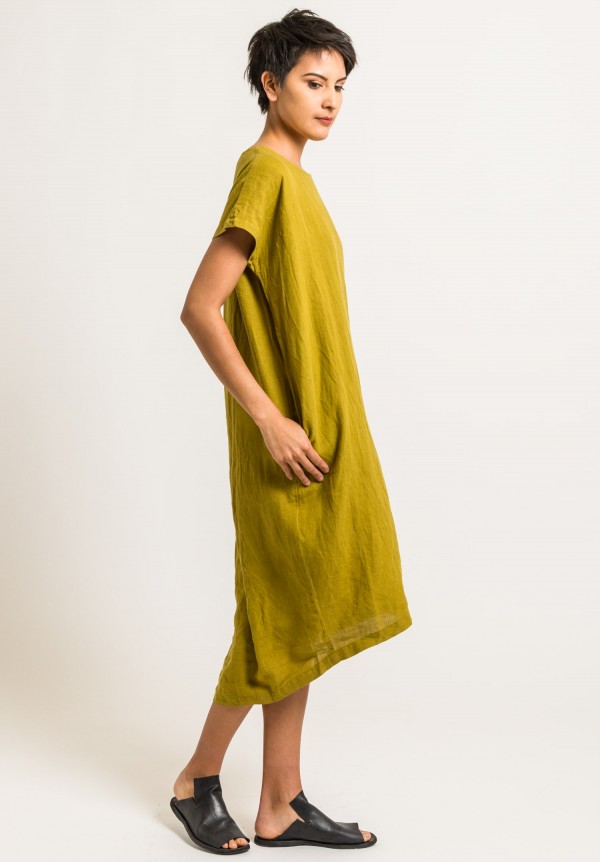 Black Crane Linen Pleated Cocoon Dress in Mustard