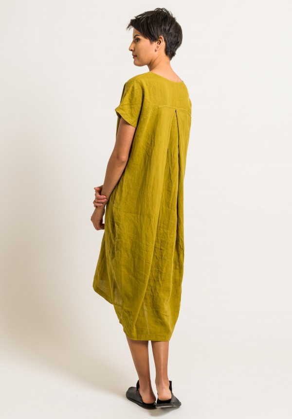 Black Crane Linen Pleated Cocoon Dress in Mustard