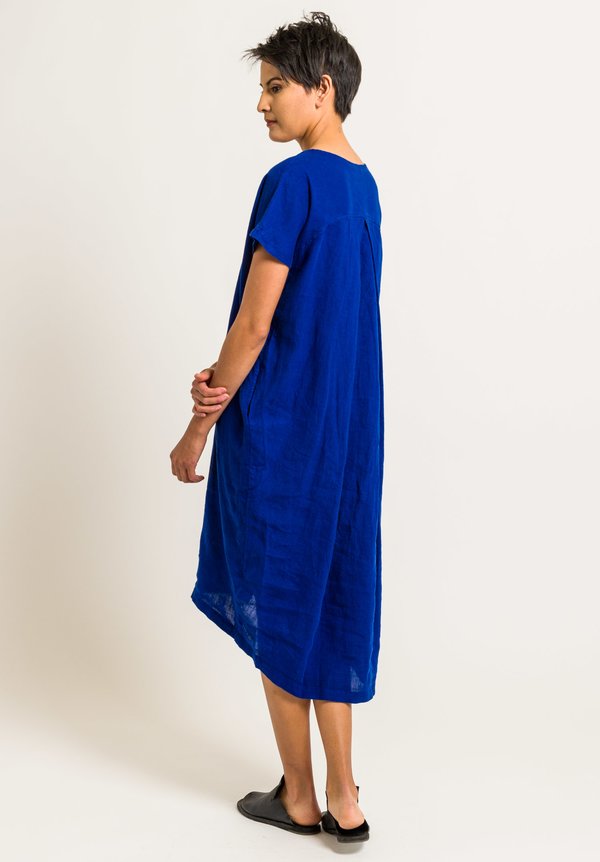 Black Crane Linen Pleated Cocoon Dress in Royal