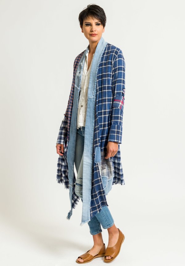 Greg Lauren Plaid and Vintage Denim Long Stripe Studio Kimono