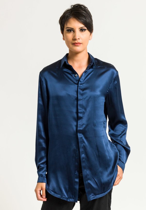 Umit Unal Silk Placket Long Button Shirt in Deep Blue