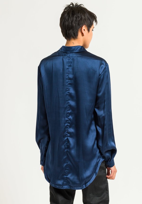 Umit Unal Silk Placket Long Button Shirt in Deep Blue