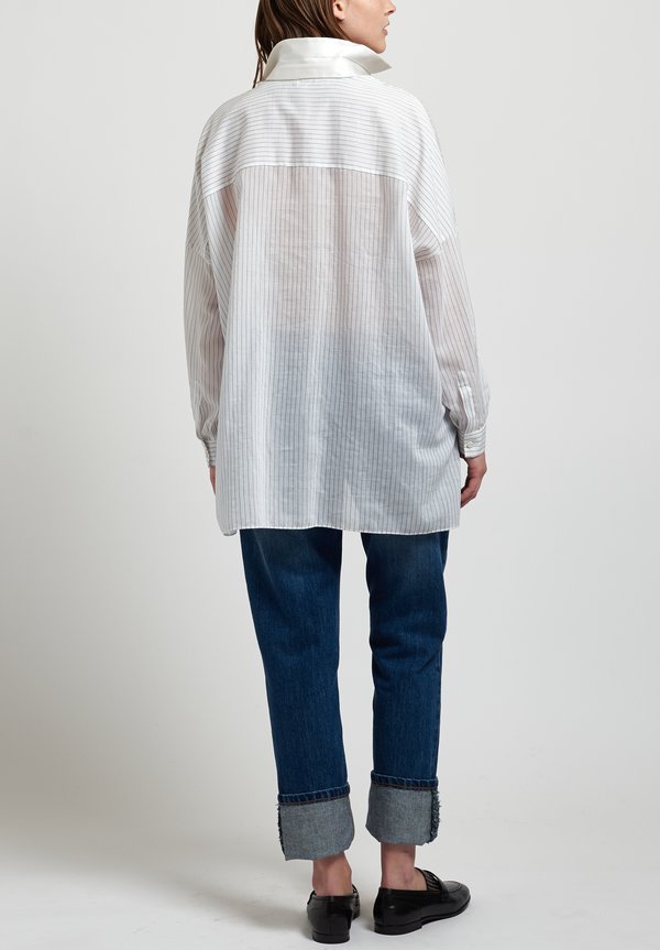 Brunello Cucinelli Pinstripe Shirt with Satin Collar in White	