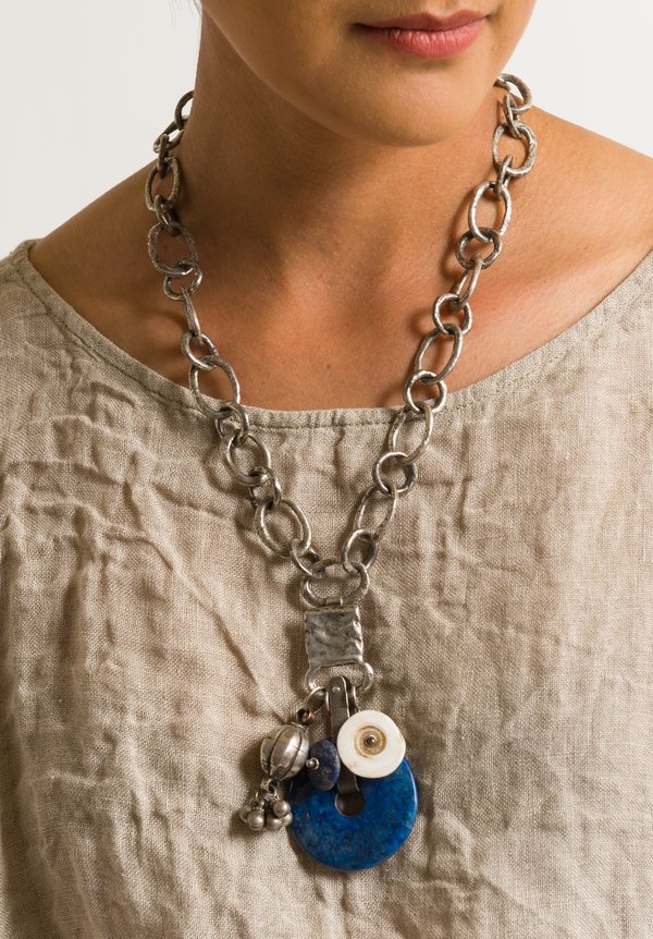 Holly Masterson Large Lapis Disk, Silver Pendant, Shell Adornment