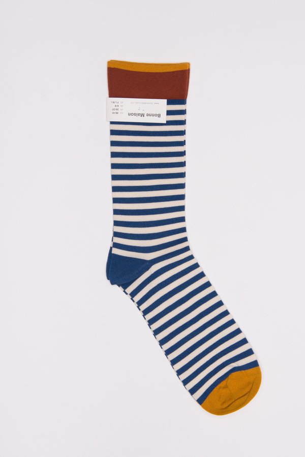 Bonne Maison Calf Length Socks in Stripe/Denim