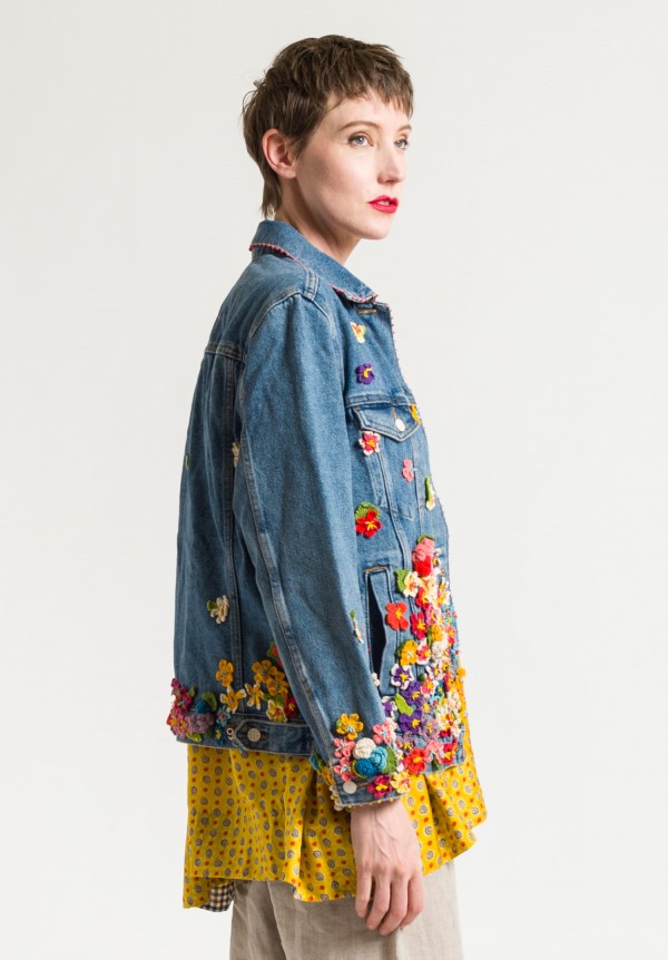 Péro Limited Edition Denim Jacket in Crocheted Flowers Dark