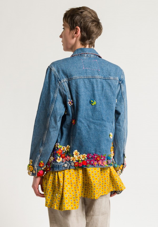 Péro Limited Edition Denim Jacket in Crocheted Flowers Dark