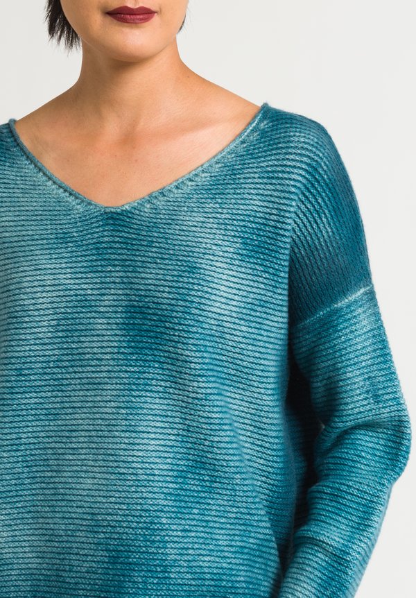 Avant Toi Relaxed V-Neck Ombre Sweater in Turquoise	