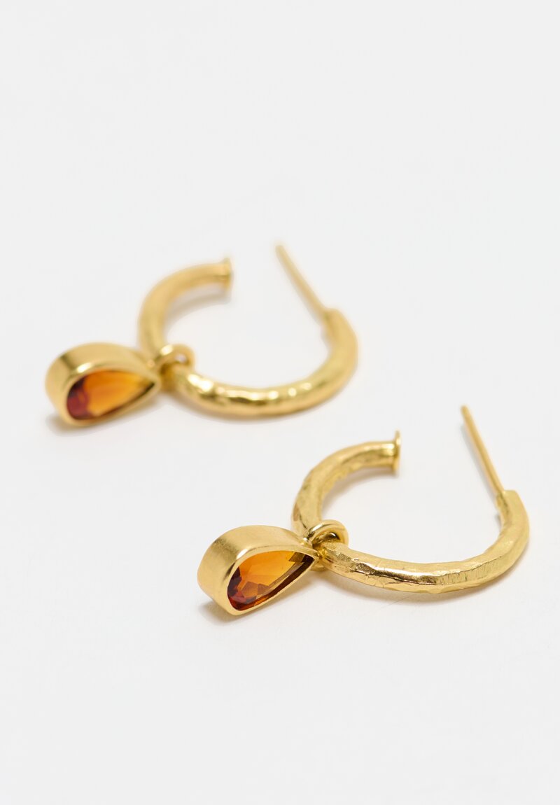 Greig Porter 18K Hammered Gold Garnet Drop Hoop Earrings