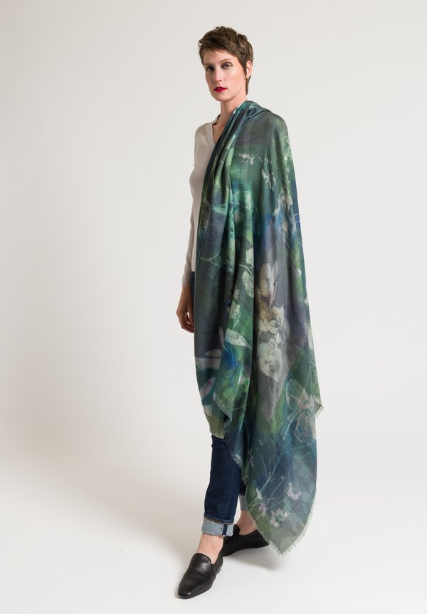 Alonpi Cashmere Printed Scarf in Owl Green