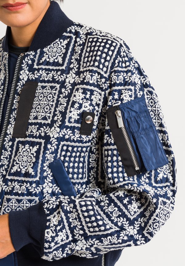 Sacai Reyn Spooner Bomber Jacket in Navy/ Off White | Santa Fe Dry