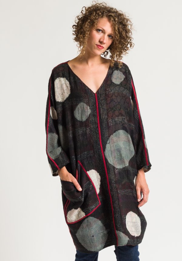 Mieko Mintz 2-Layer Patch & Circle Print Dress in Black/ Red	