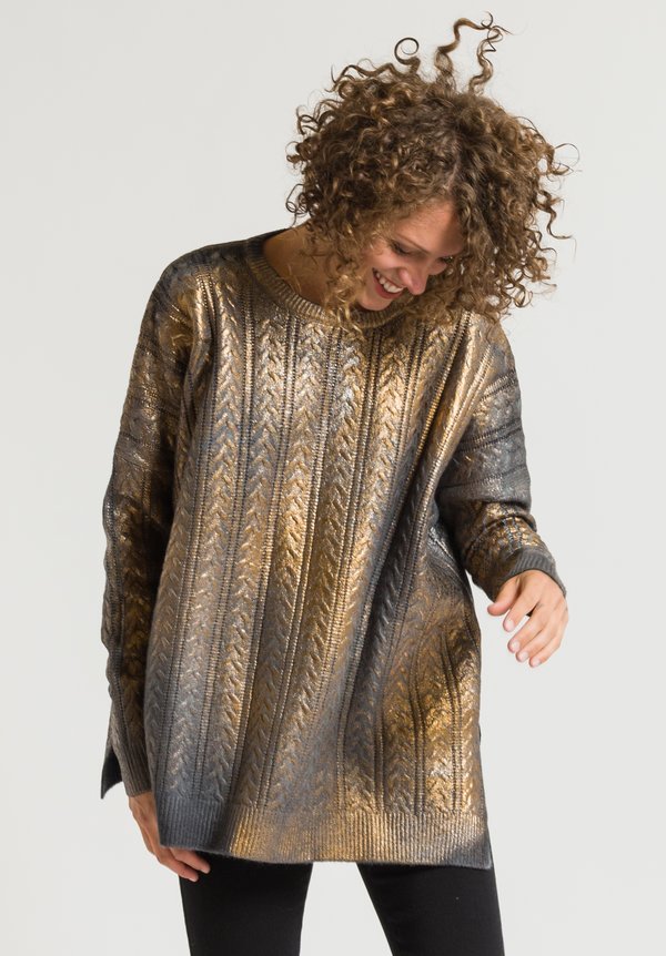 Avant Toi Metallic Cable Knit Sweater in Foil	