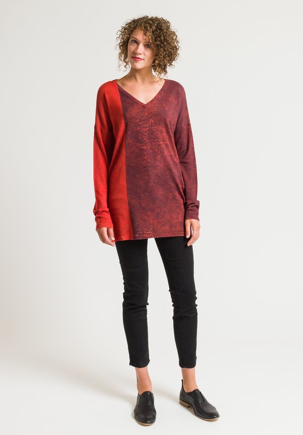 Printed Artworks Printed V-Neck Sweater in Red Static	