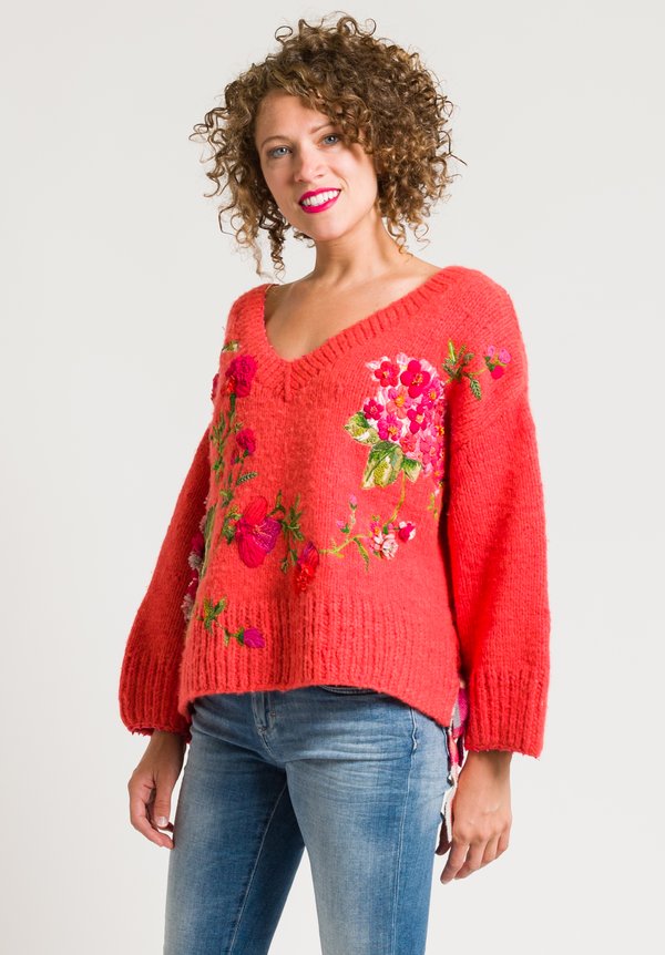Péro Beaded & Embroidered Flower Sweater in Orange	