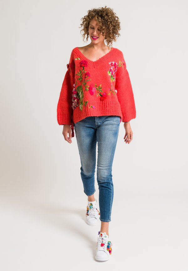 Péro Beaded & Embroidered Flower Sweater in Orange	