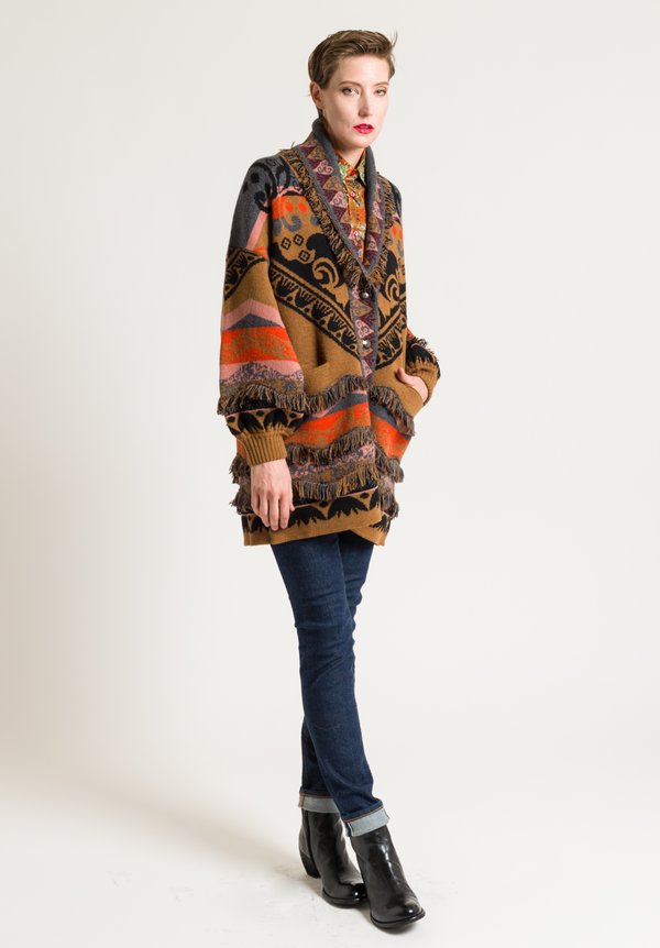 Etro Paisley Knit Fringe Detail Coat in Ochre