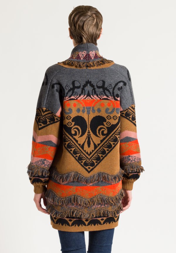 Etro Paisley Knit Fringe Detail Coat in Ochre