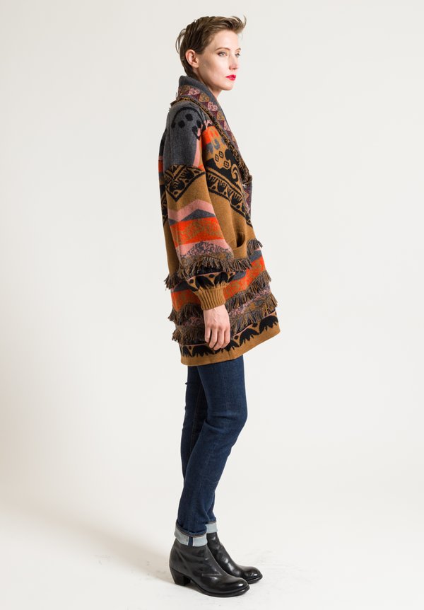 Etro Paisley Knit Fringe Detail Coat in Ochre