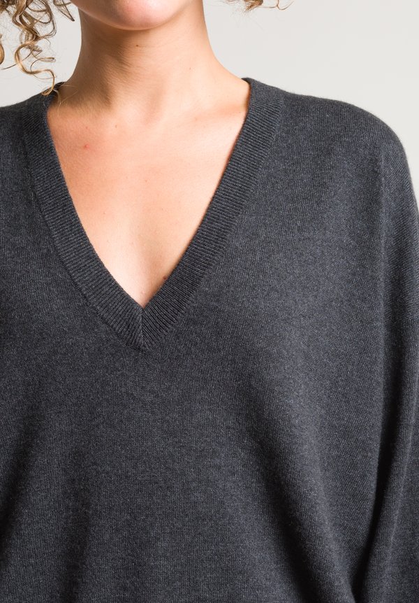 Brunello Cucinelli Gathered V-Neck Sweater in Charcoal	