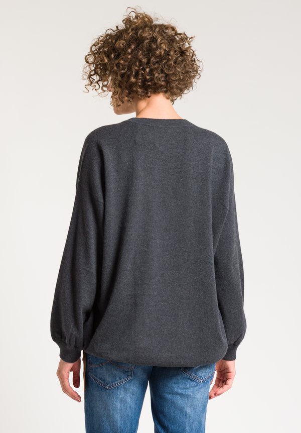 Brunello Cucinelli Gathered V-Neck Sweater in Charcoal	